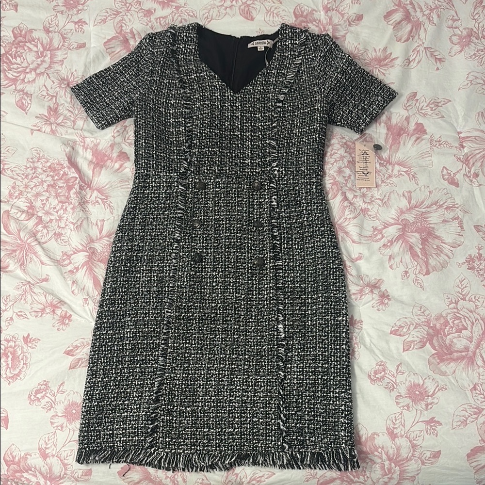 Nanette Lepore Black and White Sheath Dress V-Neck Short Sleeve